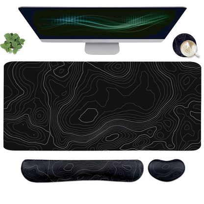 Topographic Mouse Pad Set, Extended Mouse Pad+Keyboard Wrist Rest, Memory Foam Ergonomic Easy Typing, 4Pcs (35.4×15.7 in) Desk Pad Set for Home Office Study Game-Topographic Contour