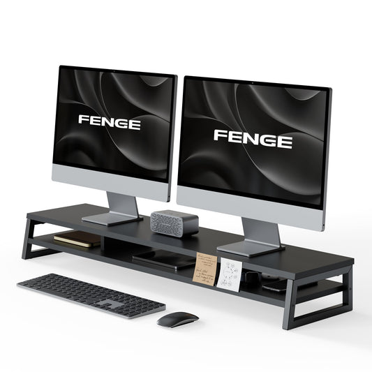 Fenge Dual Monitor Riser for Desk, Open Shelf with 3 Storage Compartments