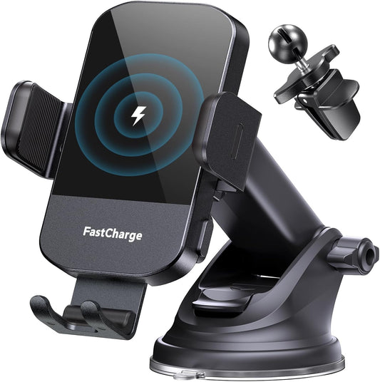 CHGeek Wireless Car Charger, 15W Fast Charging Auto Clamping Phone Holders for Your Car Phone Mount fit for iPhone 17 16 15 14 13 12 Pro Max 11 XR XS, for Samsung Galaxy S25 Ultra S24 S23, Black