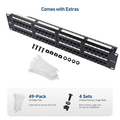 [UL Listed] Cable Matters 48 Port Patch Panel Rackmount or Wall Mount 19-Inch with Support Bar, 2U Cat6 Network Patch Panel for 10 Gigabit Ethernet, 110 or Krone Impact Tools Compatible