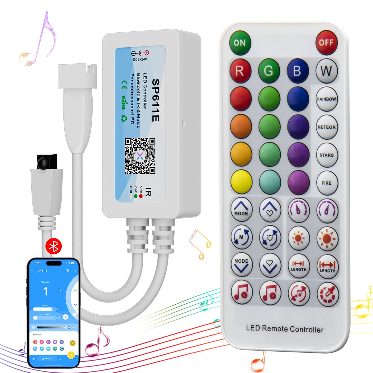 PAUTIX SP608E SPI Pixel LED Controller with 8 Signal Outputs,Work with RGB Smart IC COB LED Strips,Built-in Mic/AUX Music Bluetooth for WS2811 LED Module Pixel Strip Light APP/Remote/Trigger Control