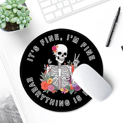 ITNRSIIET Round Mouse Pad with Stitched Edge Premium-Textured Waterproof Non-Slip Rubber Base Desktop Protection Mat Diameter 8.7 inches, Flower Skull