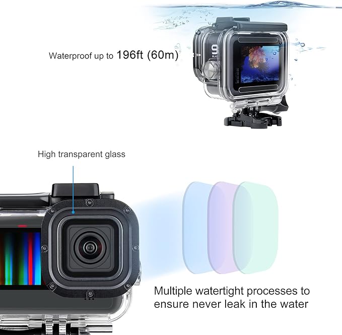 SOONSUN Waterproof Case with Dive Filters for GoPro Hero 13/12 / 11/10 / 9 Black, 196 Feet Underwater Protective Dive Housing Case with Red, Light Red, Magenta, 5X Close-up Macro Filters
