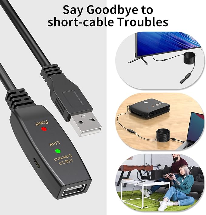 LDKCOK 30FT Active USB Extension Cable 2.0 Male to Female with A Extension chipset Signal Booster - Active Extension/Repeate