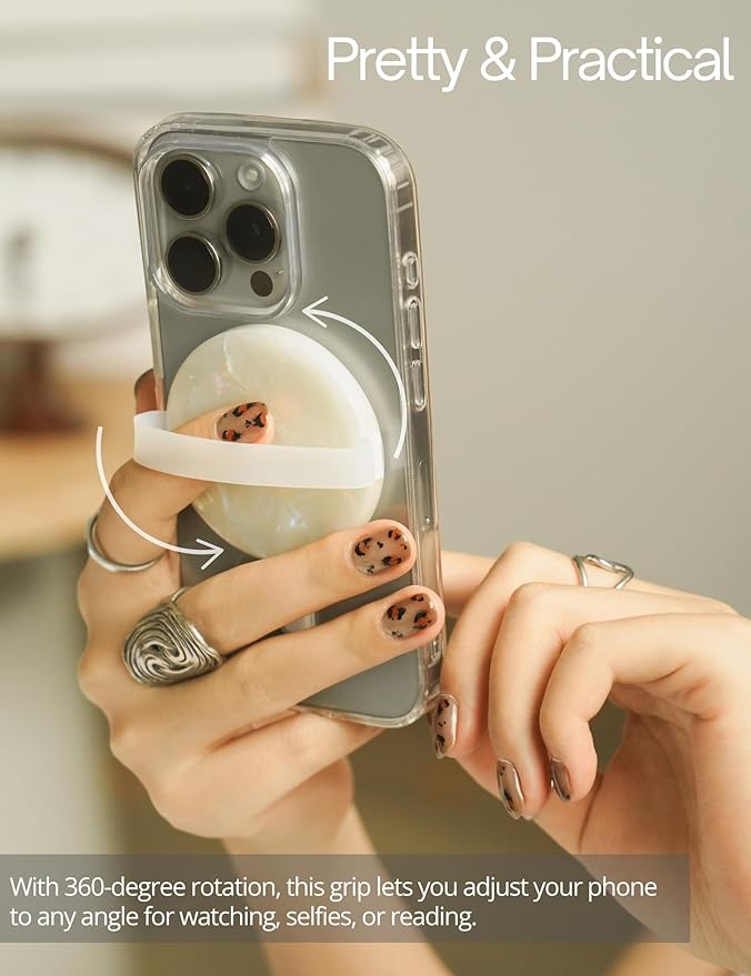 Heesch Magnetic Ring for Phone Case Loopy Phone Grip Strap Holder for Back of Phone Cute Finger Loop Grip for Hand White Shell Magsafe Grip for iPhone 16 Pro Max/15/14/13/12 Series Mag Safe Case