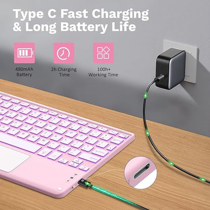 MoKo Touch Keyboard Case for iPad (A16) 11th Generation 11 inch 2025, iPad 10th Generation 10.9 inch Case with Pencil Holder, 7 Colors Backlit Multi-TrackPad Detachable Bluetooth Keyboard, Pink Marble