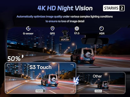 Pelsee 4K Dash Cam Front and Rear, STARVIS 2 Sensor, Dash Camera for Cars with Full-Color Night Vision, 128GB Card, 48H Parking Mode, Voice Control & WiFi, 3.39"Car Dash Camera, HDR ADAS GPS S3 Touch