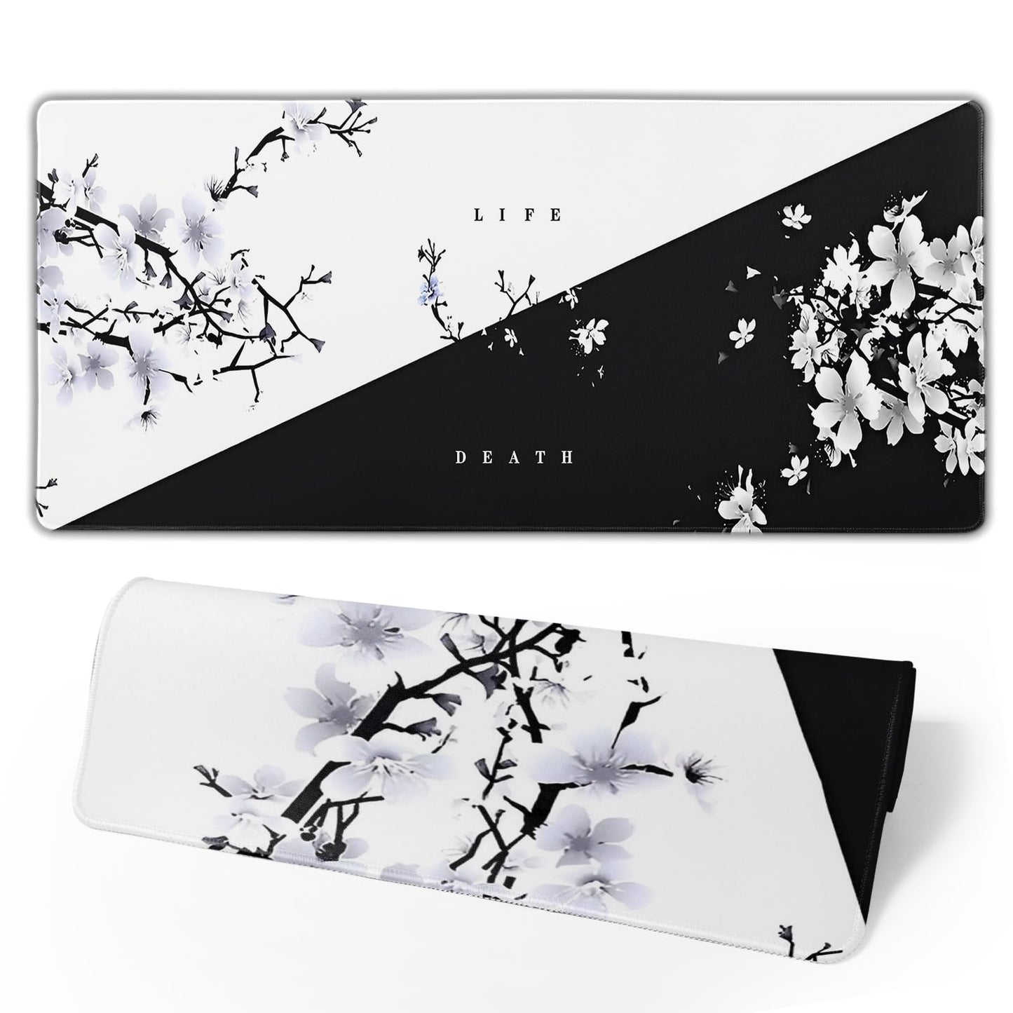 Japanese Life Death Keyboard Mat, Black White Japanese Anime Gaming Mouse Pad for Desk with Anti-Slip Rubber Base and Stitched Edges, Japanese Sakura Pagoda Sun Mouse Pad