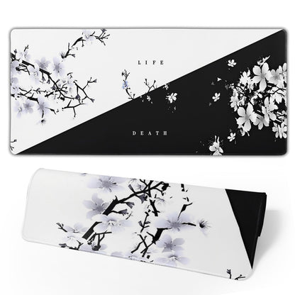 Japanese Life Death Keyboard Mat, Black White Japanese Anime Gaming Mouse Pad for Desk with Anti-Slip Rubber Base and Stitched Edges, Japanese Sakura Pagoda Sun Mouse Pad