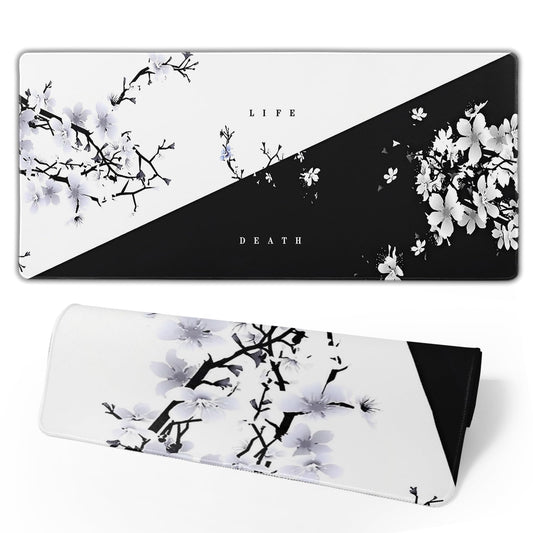Japanese Life Death Keyboard Mat, Black White Japanese Anime Gaming Mouse Pad for Desk with Anti-Slip Rubber Base and Stitched Edges, Japanese Sakura Pagoda Sun Mouse Pad