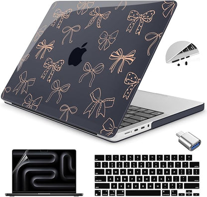 Teryeefi for MacBook Pro 14 inch Case M4 M3 M2 M1 Chip (2025 2024 2023 2021 Release) Model A3112 A3401 A3185 A2918 A2992 A2779 A2442, PC Hard Shell+Keyboard Cover+Type C Adapter, Gold Bows A003
