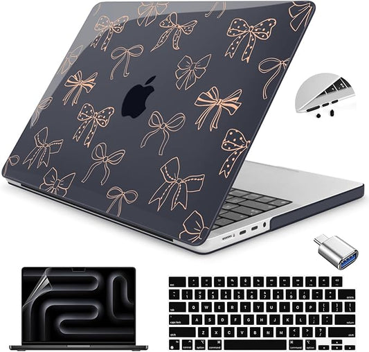 Teryeefi for MacBook Pro 14 inch Case M4 M3 M2 M1 Chip (2025 2024 2023 2021 Release) Model A3112 A3401 A3185 A2918 A2992 A2779 A2442, PC Hard Shell+Keyboard Cover+Type C Adapter, Gold Bows A003