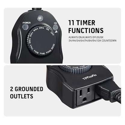 TiFFCOFiO Outdoor Timer Outlet, Dusk to Dawn Light Sensor Timer Weatherproof, 2 Grounded Outlets for Halloween and Christmas Lights, 15A 1/2HP, ETL Listed