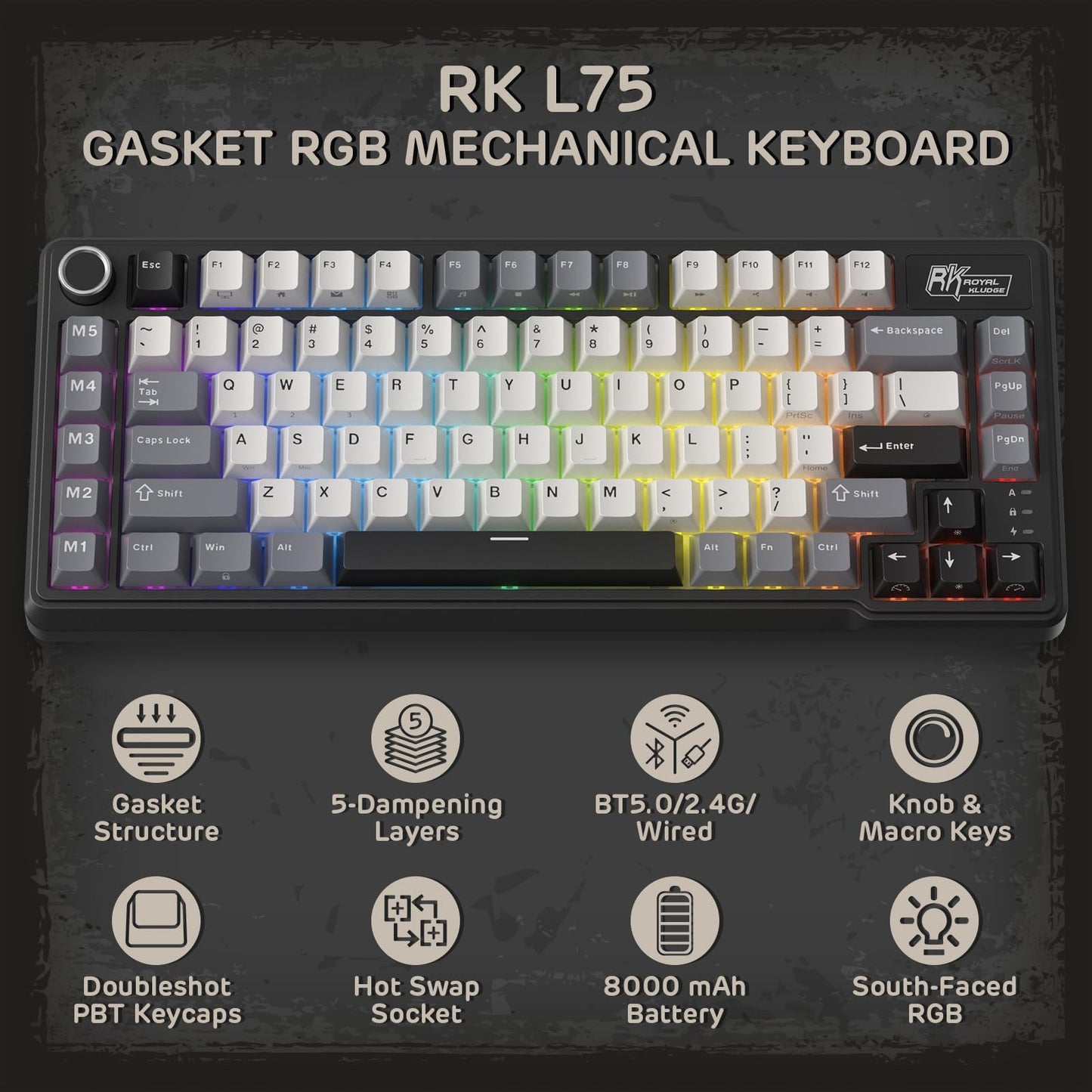 RK ROYAL KLUDGE L75 Wireless Gasket RGB Mechanical Gaming Keyboard w/Knob
