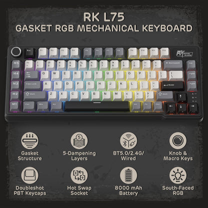 RK ROYAL KLUDGE L75 Wireless Gasket RGB Mechanical Gaming Keyboard w/Knob