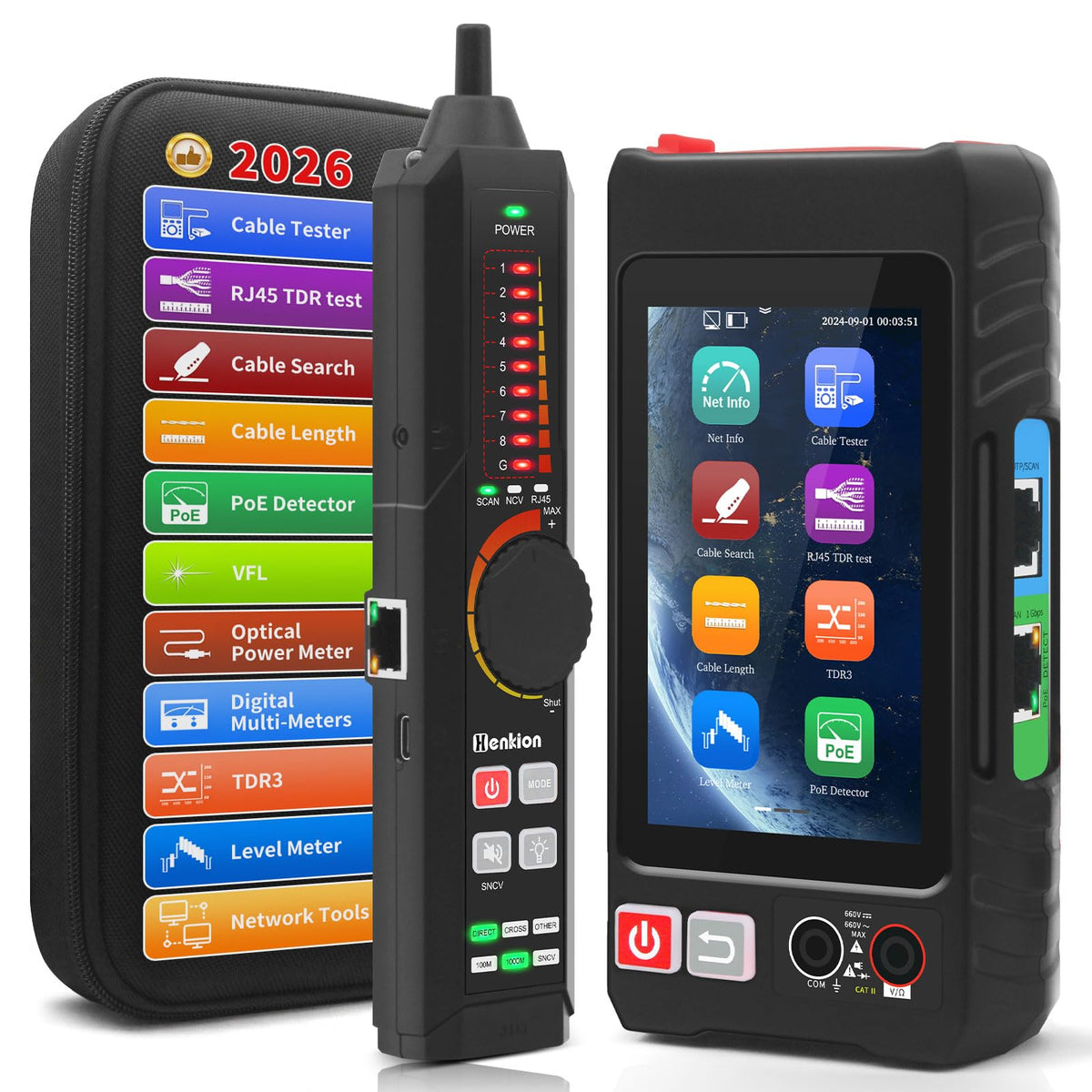 Henkion Multifunction RJ45 Network Caber Tester, 4" IPS Touch Screen UTP Cable Tester,Rechargeable Ethernet Cable Tracer,Support Network Tools,POE++ Detect,Cable Length,RJ45 TDR Test,FTP(LT-600)