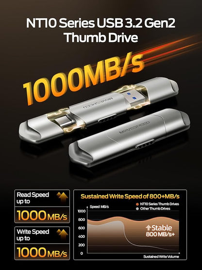 MOVE SPEED USB Drive 512GB External SSD 1000MB/s USB 3.2 Gen2+USB C Dual Ports Portable Zinc Alloy Thumb Drive Stick, External Drive with Metal Casing for iPhone 15/16/17 Series/Mac/Android Phone