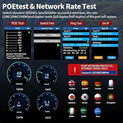 NOYAFA NF-8506 Network Cable Tester with RJ45 Crimp Tool, CAT5 CAT6 Network Tester, IP Scan, PoE Ping Test, Network Rate Test, Port Flashing, RJ45 RJ11 Ethernet Cable Tester with Crimper Stripper