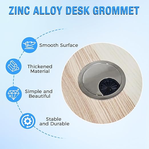 Desk Grommet 2-3/8" (60 mm), Desk Cord Hole Cover, Cable Grommet Metal Zinc Alloy Materilal, Desk Hole Grommet for Office and Home Table Cable, Detachable Cable Cord Organizer (Brushed Silver 2 Pcs)