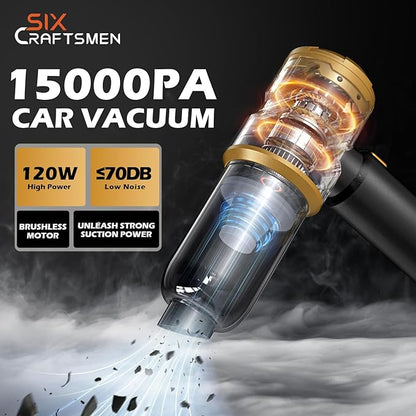 Handheld Car Vacuum with 15000PA Power, 4 in 1 Small Powerful Cordless Vacuum Cleaner & Air Duster with 2000mAh Battery, Rechargeable Portable Mini Hand Held Vacuum for Car, Home,Office,Pet Hair（Gold）