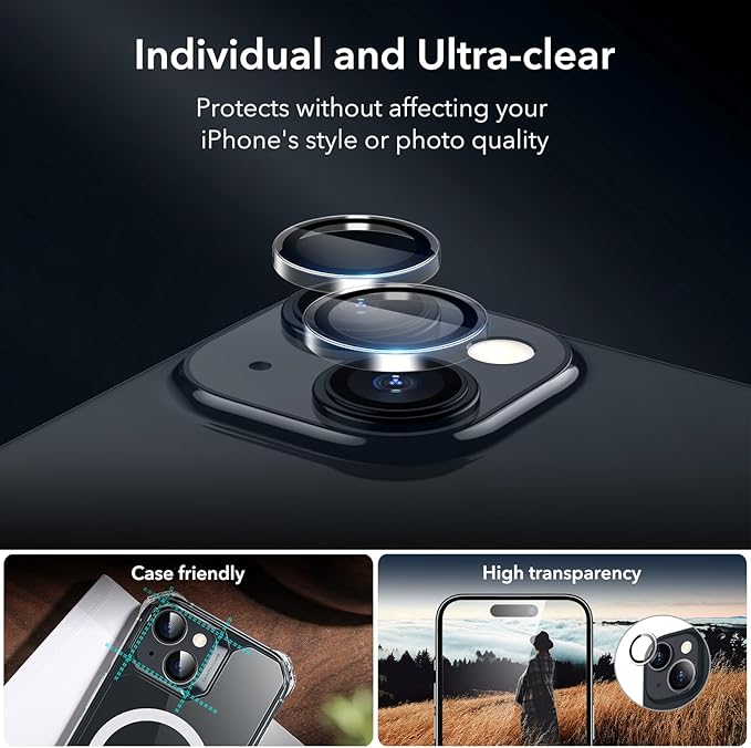 ESR 3+2 Pack for iPhone 15 Plus Screen Protector, 3 Black Edge Tempered-Glass Film and 2 Set Camera Lens Protector, 2.5D Curved Edges, Full-Coverage Military-Grade Protection, Scratch Resistant