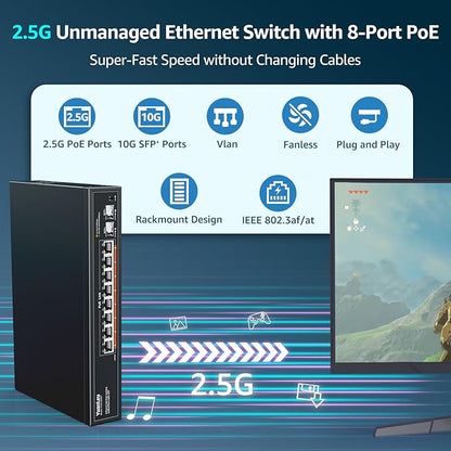 YuanLey 10 Port 2.5G PoE Switch Unmanaged, 8 x 2.5G Base-T PoE Ports, 2 x 10G SFP, IEEE802.3af/at, 120W, Compatible with 100/1000/2500Mbps, Metal Fanless, Desktop/Rack Mount 2.5Gbe Network Switch