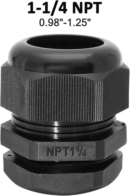 1-1/4" NPT Nylon Cable Glands, IP68 Waterproof Adjustable Cord Grip Cable Connector Strain Relief Wire Protectors for 25-32mm Cable Diameter, 2 Pcs, Black