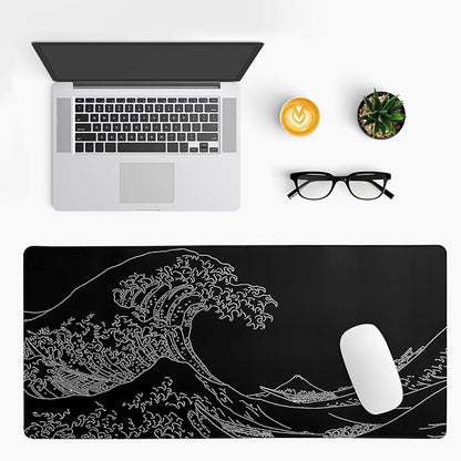 Japanese Sea Wave Large Mouse Pad Abstract Black Mouse Pad 31.5x11.8 Inch Black Kanagawa Texture Non-Slip Rubber Base Large Ocean Mousepad Stitched Edge Keyboard Mouse Mat Desk Pad for Office and Home
