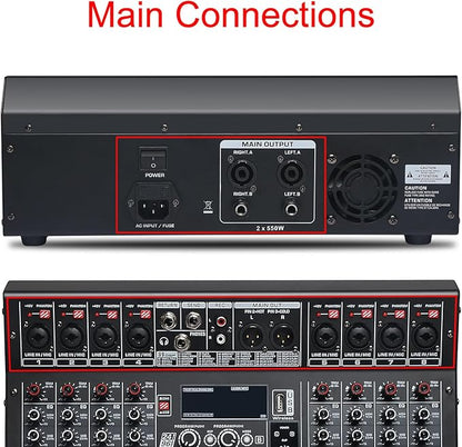 Audio Mixer 8 Channel, DJ Mixer Board with Power Amplifier, Audio Sound Card with 48V Phantom Power, Usb Audio Interface, Sounds Mixer Board with 99 DSP FX Reverb Delay Effect for Streaming