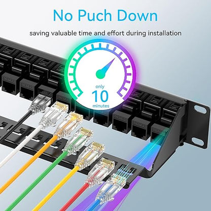 Patch Panel 24 Port Cat6 with Coupler Keystone, Cat6a Network Patch Panel 10G No Punch Down, Time-Saver Ethernet 1U Rj45 Panel with Sturdy Back Bar, 19 Inch Coupler Network Panel