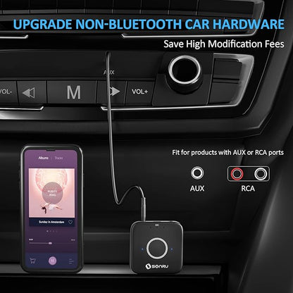 Bluetooth 5.3 Adapter Hi-Fi Equipment for Car Wireless Audio Receiver with 3.5mm AUX RCA Cable, Noise Cancellation, Dual AUX Outputs for Home Speakers Wired Headphones