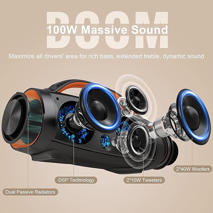 DOSS Extreme Boom Pro Bluetooth Speaker with 100W Stereo Sound, Rich Bass, IPX6 Waterproof, 20H Playtime, Power Bank, Mixed Color Light, Portable for Outdoor, Camping, Beach - Orange