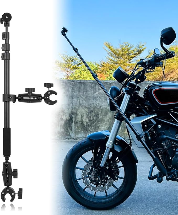 Motorcycle Bike Handlebar Double clamp Mount Invisible Selfie Stick Super Camera Clamp 360°Rotating Extendable Ballhead Magic Arm 60'' for Insta360 ONE X3 X2 X RS R Go 2 3 Action Camera, Black