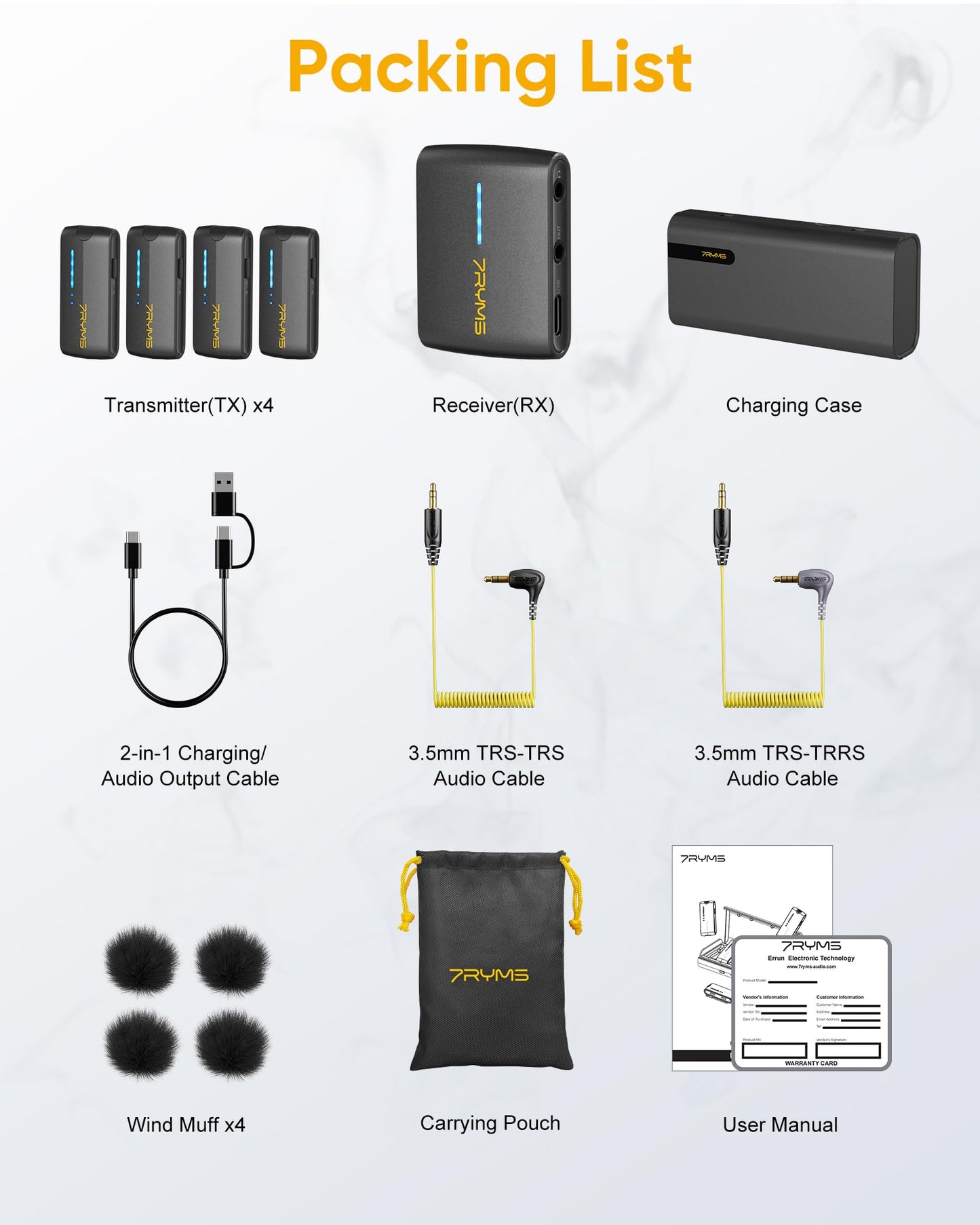 7RYMS iRay DW40 4-Channel Wireless Lavalier Microphone with Noise Cancellation, 656ft Range, 12.5H Working, Wireless Laple Mic for iPhone, DSLR Camera, Android, Video Recording Podcast Live-Stream