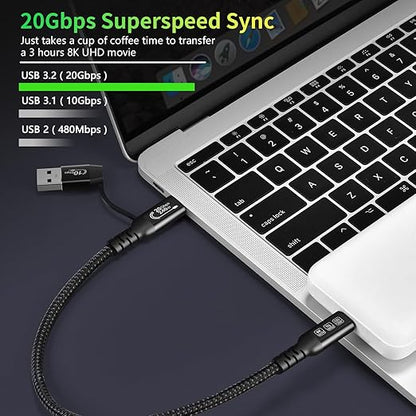 CABLEDECONN USB2.0 A to USB C 3.2 Type C 20Gbps Male to Male Detachable 2m 6.6ft Cable Data Extension 10Gbps 240W Fast Charge 8K Ultra HD Video Data Connection Power Line
