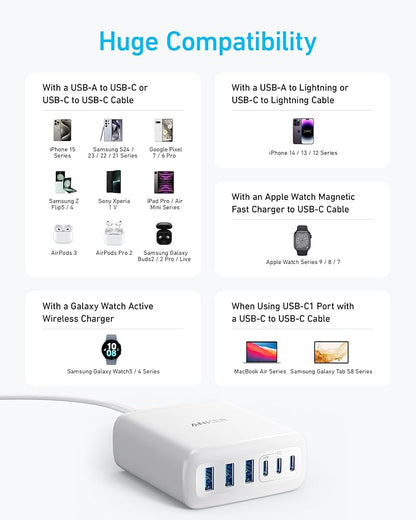Anker Desktop Charger, Fast Charging USB C Charger, 112W Max 6-Port Charging Station, for iPhone, iPad, MacBook, Samsung and More (Cable Not Included)