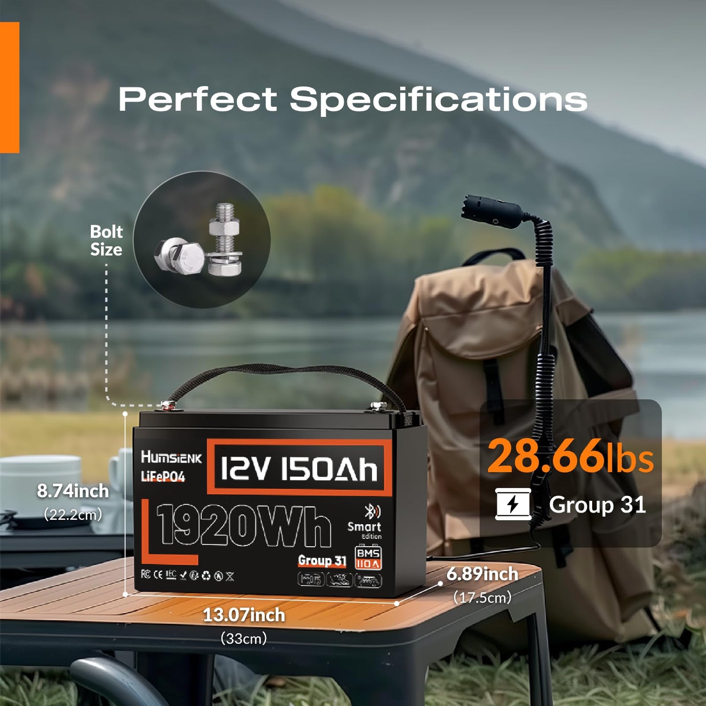 HumsiENK 12V 150Ah LiFePO4 Lithium Battery – BCI Group 31 Deep Cycle Battery with Bluetooth & 110A BMS – 15000+ Cycles for Solar, RV, Marine, Off-Grid – Lightweight & Safe Replacement for Lead Acid
