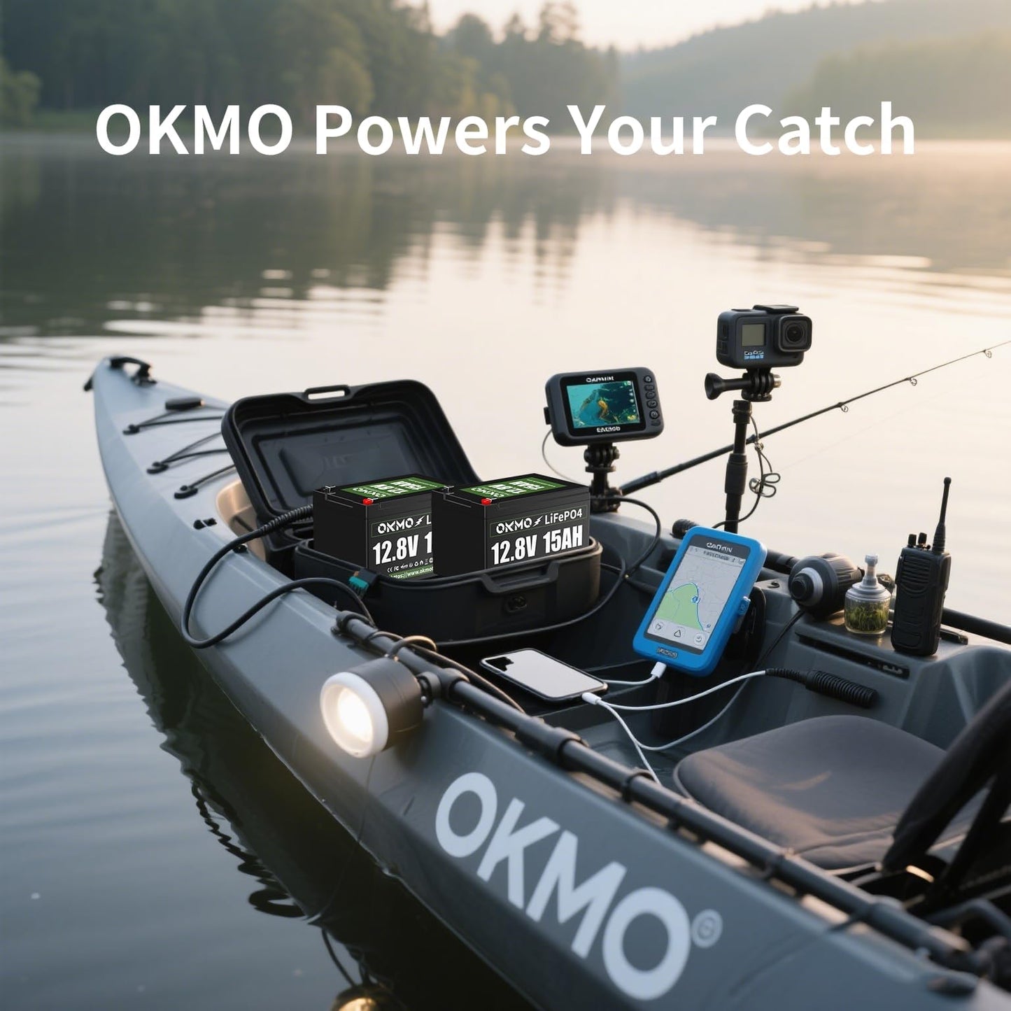 OKMO 12V 15Ah LiFePO4 Lithium Battery 12.8V, 15000+ Deep Cycles rechargeable for Lighting, Kayak Fish Finder, Radio, Backup Power and More