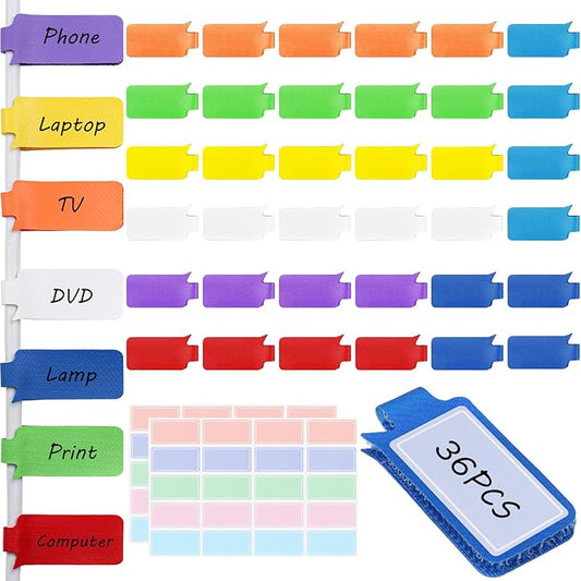 36-Pack Large Cable Labels with 40 Write-On Stickers, Reusable 8-Color Wire Tags for Electronics, Cord ID & Cable Management for Home Office, PC Network - Rectangle