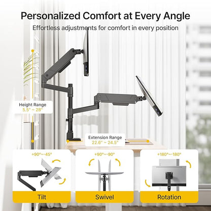 monTEK Dual Monitor Mount Tall Monitor arms for 2 Monitors for 17 to 35 Inch Curved Screen Holds 35 Lbs Adjustable Heavy Duty Monitor Desk Mount Cable Management, VESA 75/100mm, MA1007PBK-D