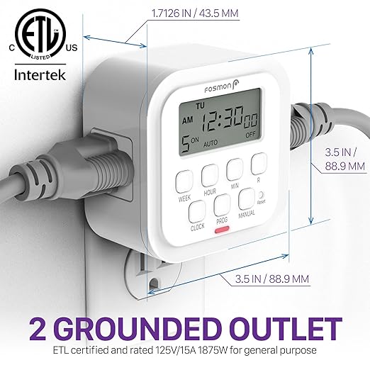 Fosmon 7 Day Digital Timers for Electrical Outlets, Indoor Plug-in Light Timers Switch Programmable, Electric Wall Plug for Lamp, Grow Reptile Lights, Aquarium, 15A/1875W, Grounded- 2 Pack