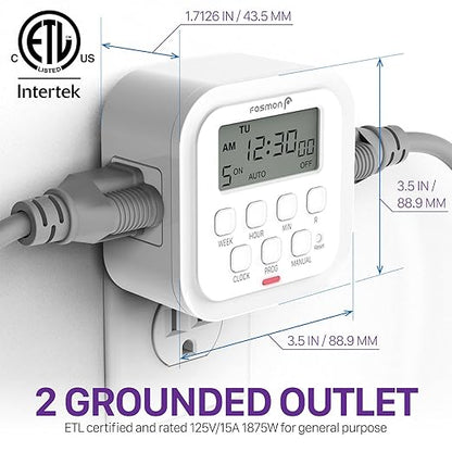 Fosmon 7 Day Digital Timers for Electrical Outlets, Indoor Plug-in Light Timers Switch Programmable, Electric Wall Plug for Lamp, Grow Reptile Lights, Aquarium, 15A/1875W, Grounded