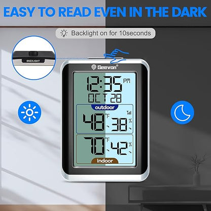 GEEVON Indoor Outdoor Thermometer Wireless Digital Hygrometer Temperature and Humidity Gauge with Time, 200ft/60m Range Temperature Humidity Sensor (Black)