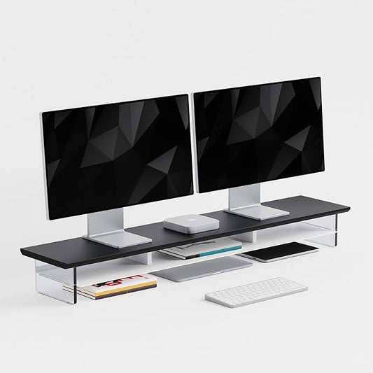 FENSULN Dual‑Tier Monitor Stand for Modern Desk Setup – Minimalist Wooden and Metal Riser Shelf with Transparent Acrylic Feet for Dual Monitors, Laptops, Home Office Aesthetic，Black and White