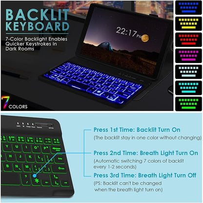 DETUOSI Backlit Keyboard Case for Samsung Galaxy Tab A7 Lite 8.7" 2021 (SM-T220/T227U) with S Pen Holder, 3 Viewing Angles Folio Leather Book Cover with Magnetic Closure + Wireless Keyboard Detachable