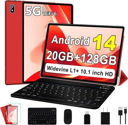 Android 14 Tablet 10 Inch Tablets, 20GB+128GB/1TB Expandable, Tablets with Octa-Core, WiFi 6, Dual Camera, BT 5.0, 6000mAh Battery, HD IPS Display, Widevine L1, Tablet with Keyboard Mouse - Red