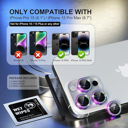 Choiche Compatible for iPhone 15 Pro/iPhone 15 Pro Max Camera Lens Protector Bling, 9H Tempered Glass Camera Cover Screen Protector Metal Ring Decoration Accessories (Diamond-Colorful)