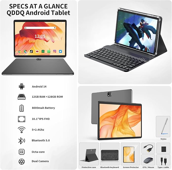 Android Tablet with Keyboard, Android 14 Tablet, 12(6+6) GB+128GB, 1TB Expand, 2 in 1, Mouse, Stylus, 8000mAh Battery, 2.4G/5G WiFi, GPS, Certified, Black Case