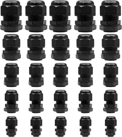 25 Pcs Nylon Cable Glands, PG7 PG9 PG11 PG13.5 PG16 Strain Relief Cable Cord Connector IP68 Waterproof Junction Box Wire Protectors Adjustable for 3-13mm Cable Diameter