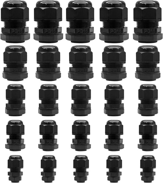 25 Pcs Nylon Cable Glands, PG7 PG9 PG11 PG13.5 PG16 Strain Relief Cable Cord Connector IP68 Waterproof Junction Box Wire Protectors Adjustable for 3-13mm Cable Diameter